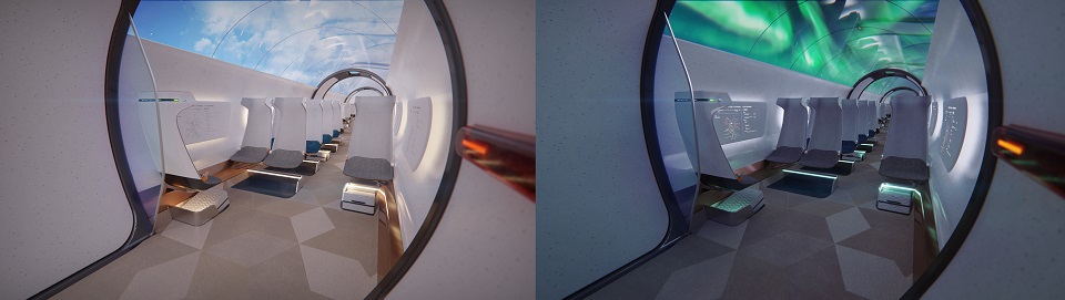 창문이 없는 하이퍼루프 포드(차량) 천장에 가상으로 구현된 하늘과 오로라 (※이미지 제공: Hardt Hyperloop) (왼) 밝은 하늘 속 모습 (오) 오로라 속 모습 