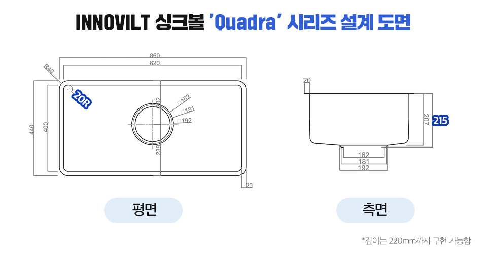 INNOVILT 싱크볼 Quadra 시리즈 설계의 평면과 측면 도면 이미지.