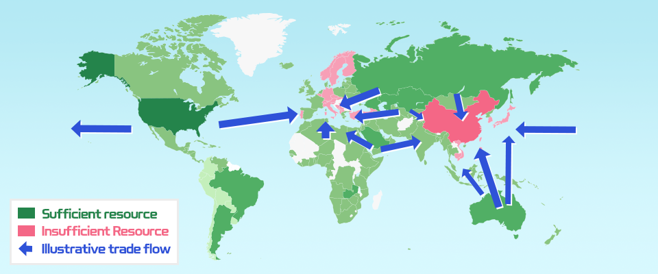 2050년 국가별 그린수소 무역 전망을 담은 세계 지도 이미지
