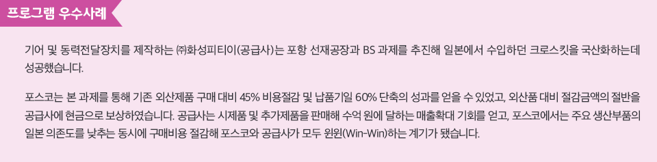 기어 및 동력전달장치를 제작하는 ㈜화성피티이(공급사)는 포항 선재공장과 BS 과제를 추진해 일본에서 수입하던 크로스킷을 국산화하는데 성공했습니다. 포스코는 본 과제를 통해 기존 외산제품 구매 대비 45% 비용절감 및 납품기일 60% 단축의 성과를 얻을 수 있었고, 외산품 대비 절감금액의 절반을 공급사에 현금으로 보상하였습니다. 공급사는 시제품 및 추가제품을 판매해 수억 원에 달하는 매출확대 기회를 얻고, 포스코에서는 주요 생산부품의 일본 의존도를 낮추는 동시에 구매비용 절감해 포스코와 공급사가 모두 윈윈(Win-Win)하는 계기가 됐습니다. 