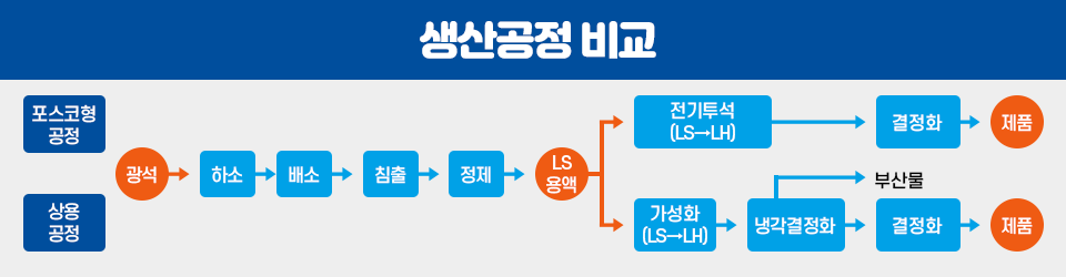 포스코형과 상용 구분에 따른 생산공정 비교. 먼저 포스코형 공정은 광석 → 하소 → 배소 → 침출 → LS용액 → 전기투석(LS→LH) → 결정화 →제품 과정이며, 상용 공정은 광석 → 하소 → 배소 → 침출 → LS용액 →가성화(LS→LH) → 냉각결정화(이 과정에서 부산물 발생) → 결정화 →제품이다. 