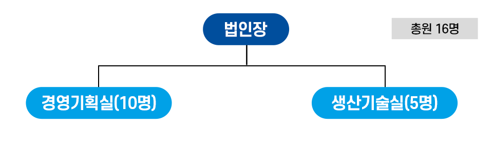 포스코리튬솔루션 조직도 이미지로 총원 16명이며 구조는 법인장 산하에 경영기획실(10명)과 생산기술실(5명)이 있다.