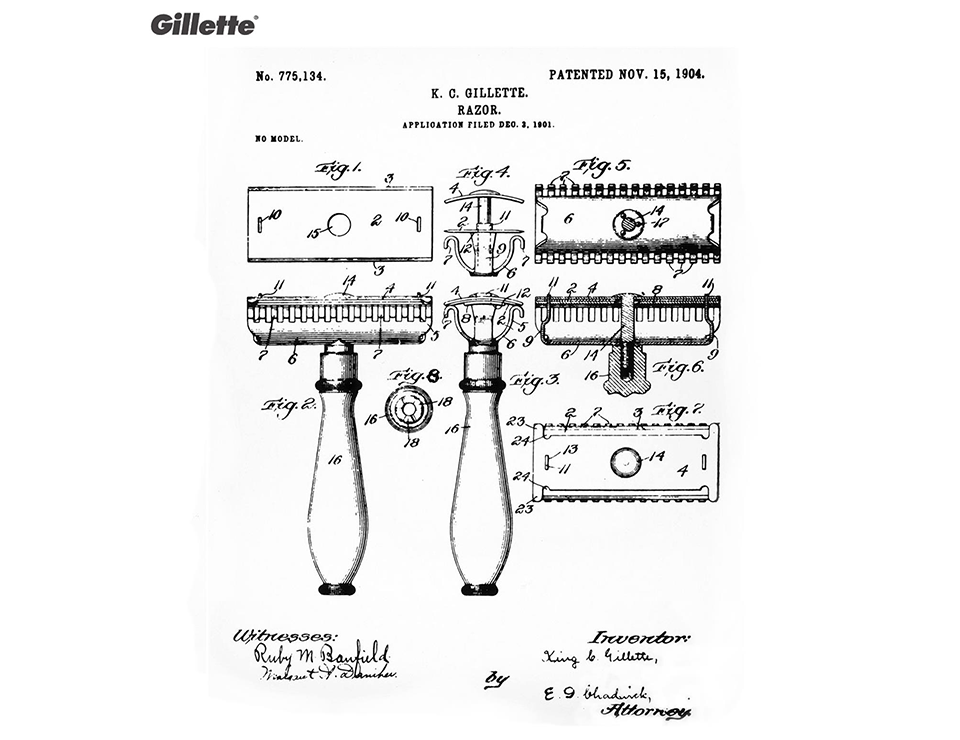904년 질레트가 출원한 면도기 특허 관련 서류 이미지이다.