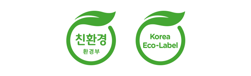 환경표지 인증마크로 좌측은 친환경 환경부, 우측은 Korea Eco-Label이라고 쓰여져 있다. 