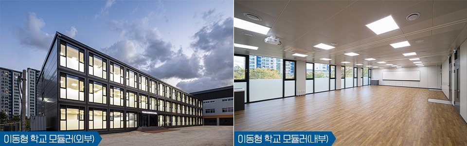 좌측부터 각 방마다 불이 켜진 학교 형태의 컨테이너 전경 모습, 컨테이너 내부 한 공간을 찍은 모습이며, 이미지 하단에는 좌측부터 이동형 학교 모듈러(외부),이동형 학교 모듈러(내부)라고 쓰여져 있다. 