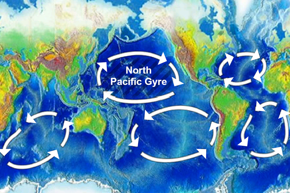 북태평양의 지도 위에 거대 쓰레기 섬들의 위치가 표시되어 있다. 