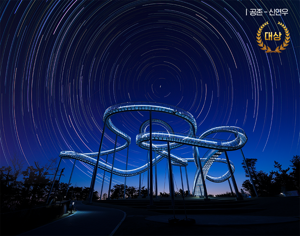 신연우의 공존이라는 작품. 아래에서 찍은 스페이스 워크의 밤하늘 전경이다.