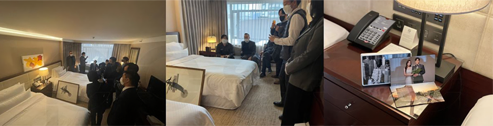 조선호텔 지배인과 관계자들 대상으로 방 안에 걸려있는 포스아트 나팔 스피커를 시연하는 시연회를 개최했다. 총 3장의 사진으로 묶어져있다.