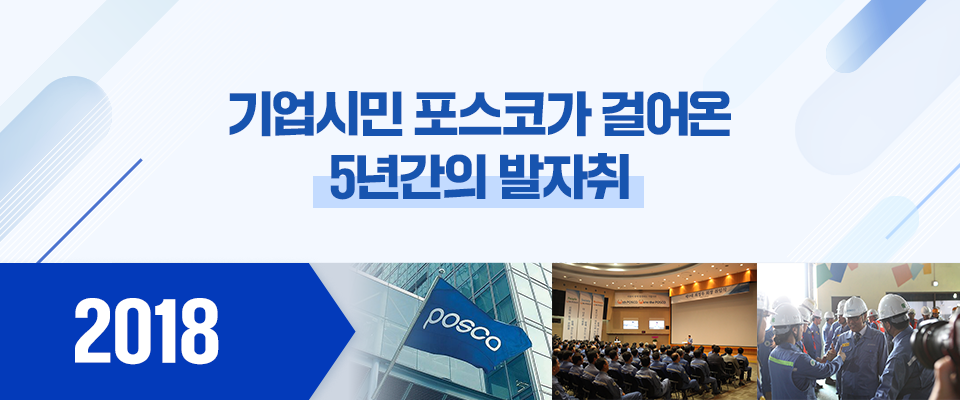 기업시민 포스코가 걸어온 5년간의 발자취로 2018년 관련된 3개의 사진 모습이다.