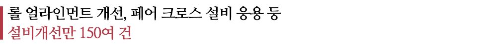 롤 얼라인먼트 개선, 페어 크로스 설비 응용 등 설비개선만 150여 건 라고 쓰인 글꼴박스