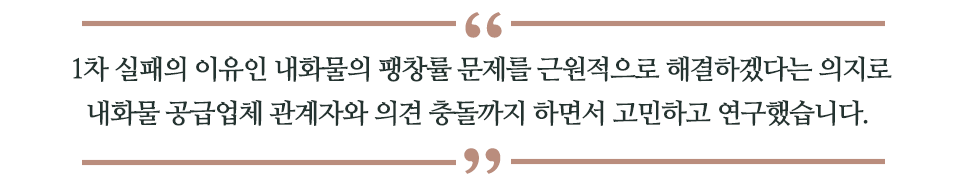 1차 실패의 이유인 내화물의 팽창률 문제를 근원적으로 해결하겠다는 의지로 내화물 공급업체 관계자와 의견충돌까지 하면서 고민하고 연구했습니다. 라고 쓰인 글꼴박스