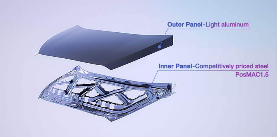 포스코는 내판에 내부식성이 뛰어난 포스맥 소재를 적용했다는 것을 소개하는 사진으로 Outer Panel - Light aluminum, (아래) Inner Panel- competitively priced steel PosMac 1.5라고 적혀있다.