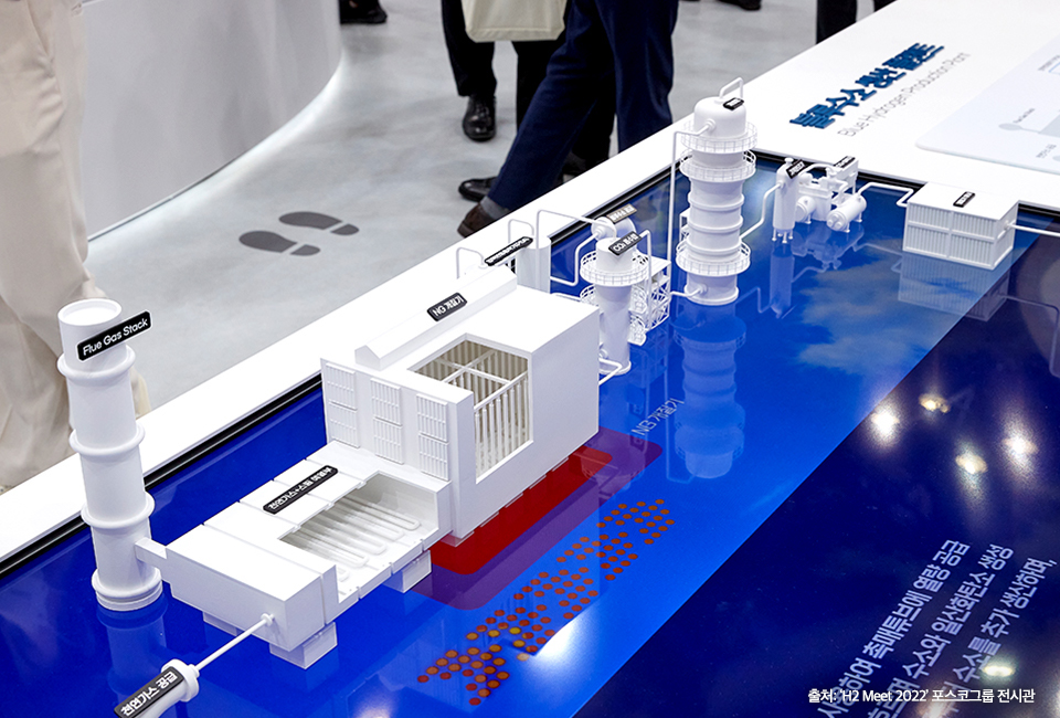 블루수소 생산 플랜트의 모습으로 h2 meet 2022 포스코그룹 전시관의 속 모형 모습이다.