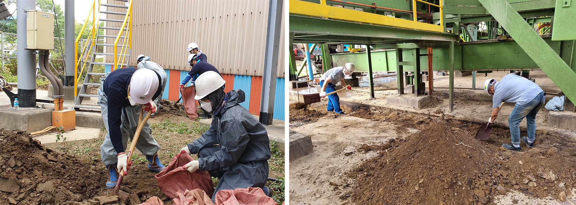 난 9월, 포스코 STS스크랩과 제강원료 공급사 11개사 임직원들이 스테인리스 2제강공장에서 진흙 제거 작업을 하는 모습이다.