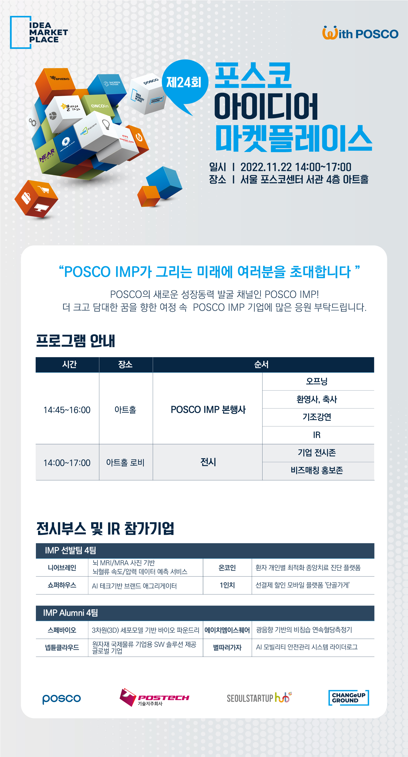 제24회 포스코 아이디어 마켓플레이스 22년 11월 22일 14:00~17:00 서울 포스코센터 서관 4층 아트홀 "POSCO IMP가 그리는 미래에 여러분을 초대합니다." POSCO의 새로운 성장동력 발굴 채널이 POSCO IMP! 더 크고 담대한 꿈을 향한 여정 속 POSCO IMP 기업에 많은 응원 부탁드립니다. 프로그램 안내 14:45~16:00 아트홀에서 POSCO IMP 본 행사 오프닝, 환영사, 축사, 기조강연, IR, 14:00~17:00 아트홀 로비에서 전시 기업 전시존 비즈매칭 홍보존/ 전시부스 및 IR 참가 기업 IMP 선발팀 4팀 1. 니어브레인 : 뇌 MT/MRA 사진 기반, 뇌혈류 속도/ 압력 데이터 예측 서비스 2. 온코인 : 환자 개인별 종양치료 진단 플랫폼 3. 쇼퍼 하우스 : AI 테크기반 브랜드 애그리게이터 4. 1인치 : 선결제 할인 모바일 플랫폼 '단골가게'/ IMP ALUMNI 4팀 스페바이오 : 3차원(3D) 세포모델 기반 바이오 파운드리 2. 에이치엠이스퀘어 : 광음향 기반의 비참습 연속혈당측정기 3. 넵튠클라우드 : 원자재 국제물류기업용 SW솔루션 제공 글로벌 기업 4. 별따러가자 : AI 모빌리티 안전관리 시스템 라이더 로그이다.