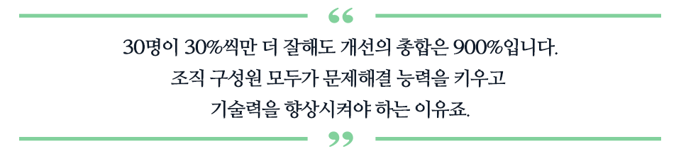 30명이 30%씩만 더 잘해도 개선의 총합은 900%입니다. 조직 구성원 모두가 문제해결 능력을 키우고 기술력을 향상시켜야 하는 이유죠 라고 적힌 따옴표 표이다.