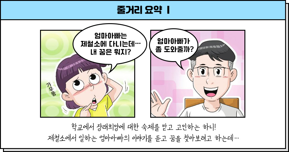 2장은 줄거리요약으로 학교에서 장래희망에 대한 숙제를 받고 고민하는 하니! 제철소에서 일하는 엄마아빠의 이야기를 듣고 꿈을 찾아보려고 하는데…라는 설명 위로 “철강 유튜버가 될거야!”의 주인공 하니가 ‘엄마아빠는 제철소에 다니는데…내 꿈은 뭐지? ‘라고 고민하고, 이에 하니아버지가 “엄마아빠가 좀 도와줄까?“라고 묻는 이미지.