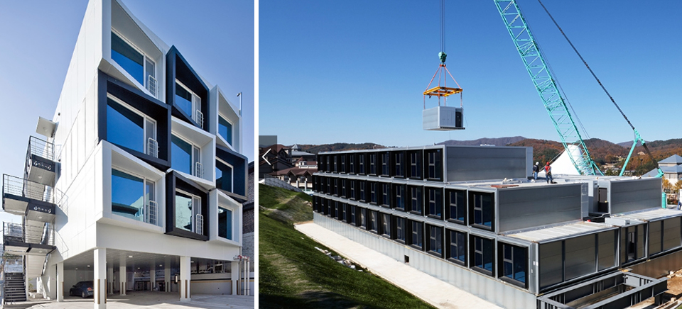 포스코A&C가 모듈러 건축 공법으로 지은 공동주택 청담뮤토(왼쪽)와 평창동계올림픽 미디어레지던스 모듈러호텔