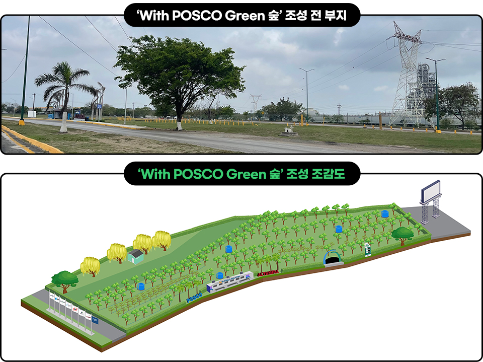 ‘With POSCO Green 숲’ 조성 전 부지 사진과 ‘With POSCO Green 숲’ 조성 조감도.