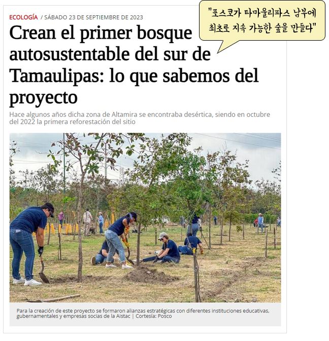 멕시코 언론에 소개된 With POSCO Green 숲 프로젝트. “포스코가 타마울리파스 남부에 최초로 지속 가능한 숲을 만들다”라는 제목이 붙어있다.