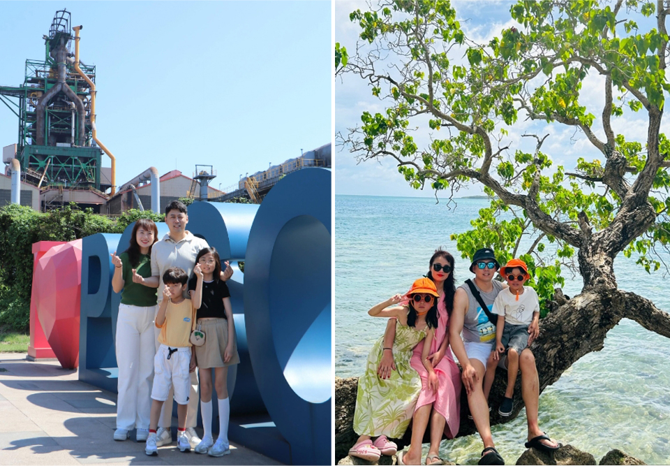 딸 아들, 와이프와 함께 제철소 앞 포스코 조형물에서 기념사진을 찍는 사진(왼쪽), 푸른 바닷가를 배경으로 나무에 걸터앉아 사진을 찍는 가족들 모습(오른쪽)