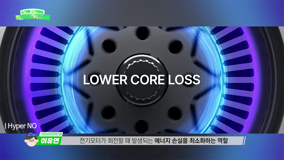 Hyper NO의 이미지가 있고, 중간에 Lower Core Loss라고 적혀 있다. 자막에는 전기모터가 회전할 때 발생되는 에너지 손실을 최소화하는 역할이라고 쓰여 있다.