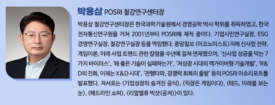 박용삼 POSRI 철강연구센터장의 프로필. 박용삼 철강연구센터장은 한국과학기술원에서 경영공학 박사 학위를 취득하였고, 한국전자통신연구원을 거쳐 2001년부터 POSRI에 재직 중이다. 기업시민연구실장, ESG경영연구실장, 철강연구실장 등을 역임했다. 