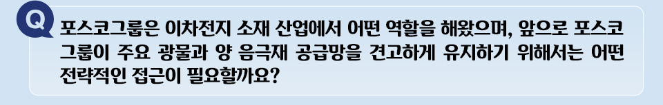 Q 포스코그룹은 이차전지 소재 산업에서 어떤 역할을 해왔으며, 앞으로 포스코그룹이 주요 광물과 양음극재 공급망을 견고하게 유지하기 위해서는 어떤 전략적인 접근이 필요할까요?