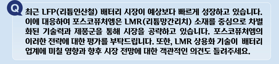 Q 최근 LFP(리튬인산철) 배터리 시장이 예상보다 빠르게 성장하고 있습니다. 이에 대응하여 포스코퓨처엠은 LMR(리튬망간리치) 소재를 중심으로 차별화된 기술력과 제품군을 통해 시장을 공략하고 있습니다. 포스코퓨처엠에 이러한 전략에 대한 평가를 부탁드립니다. 또한, LMR 상용화 기술이 배터리 업계에 미칠 영향과 향후 시장 전망에 대한 객관적인 의견도 들려주세요. 