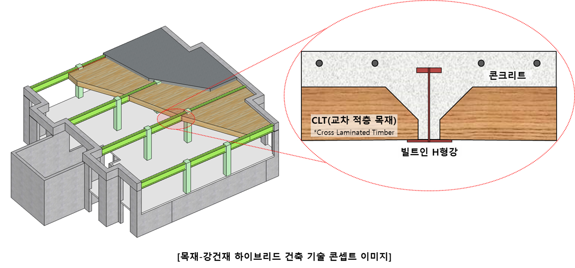 ▲목재-강건재 하이브리드 건축 기술 콘셉트 이미지 그림이다. CLT(교차적층 목재)*Cross Laminated Timber, 빌트인 H형강, 콘크리트로 이루어진 구조를 나타낸다.