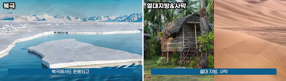 좌측에는 북극의 사진이, 우측엔 열대지방과 사막의 사진이 나란히 배치돼 있다. 