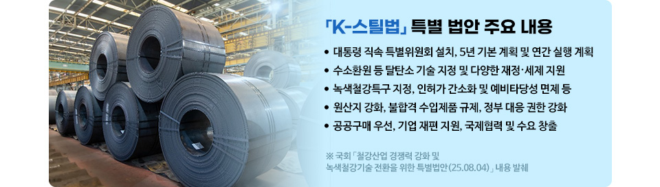 K-스틸법 특별 법안 주요 내용, -대통령 직속 특별위원회 설치, 5년 기본 계획 및 연간 실행 계획, 수소환원 등 탈탄소 기술 지정 및 다양한 재정/세제 지원, 녹색철강특구 지정, 인허가 간소화 및 예비타당성 면제 등, - 원산지 강화, 불합격 수입제품 규제, 정부 대응 권한 강화, - 공공구매 우선, 기업 재편 지원, 국제협력 및 수요 창출, 국회 철강산업 경쟁력 강화 및 녹색철강기술 전환을 위한 특별법안(25308.04) 내용 발췌 
