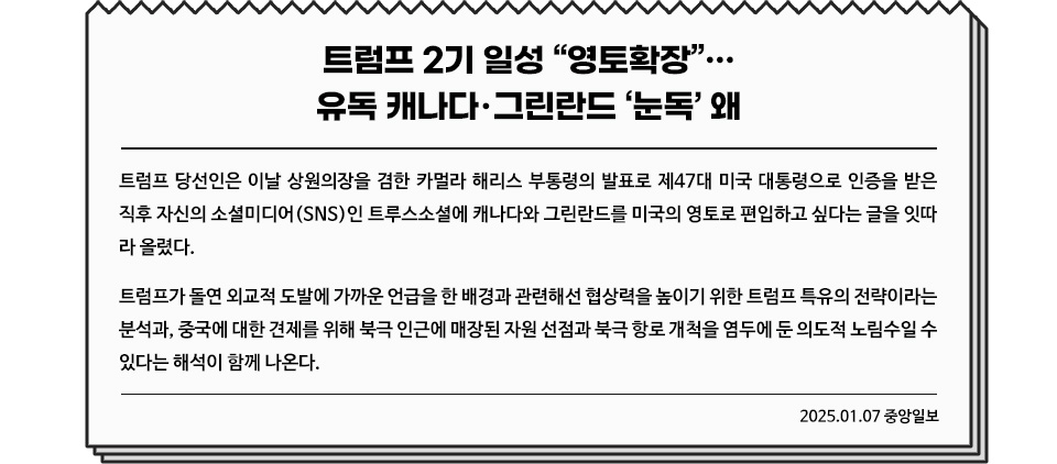 신문기사 모양 디자인 안에 신문기사 일부 내용이 담겨있다. 제목 : 트럼프 2기 일성 "영토확장"… 유독 캐나다·그린란드 '눈독' 왜 / 내용 : 트럼프 당선인은 이날 상원의장을 겸한 카멀라 해리스 부통령의 발표로 제47대 미국 대통령으로 인증을 받은 직후 자신의 소셜미디어(SNS)인 트루스소셜에 캐나다와 그린란드를 미국의 영토로 편입하고 싶다는 글을 잇따라 올렸다. 트럼프가 돌연 외교적 도발에 가까운 언급을 한 배경과 관련해선 협상력을 높이기 위한 트럼프 특유의 전략이라는 분석과, 중국에 대한 견제를 위해 북극 인근에 매장된 자원 선점과 북극 항로 개척을 염두에 둔 의도적 노림수일 수 있다는 해석이 함께 나온다. 하단 출처 : 2025.01.07 중앙일보
