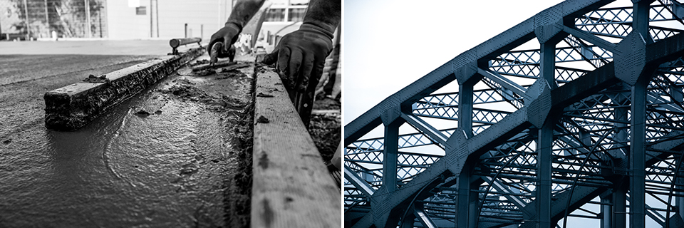 공사현장에서 시멘트를 바르고 있는 인부의 손(왼쪽)과 철로 만들어진 다리의 주탑 부분 사진