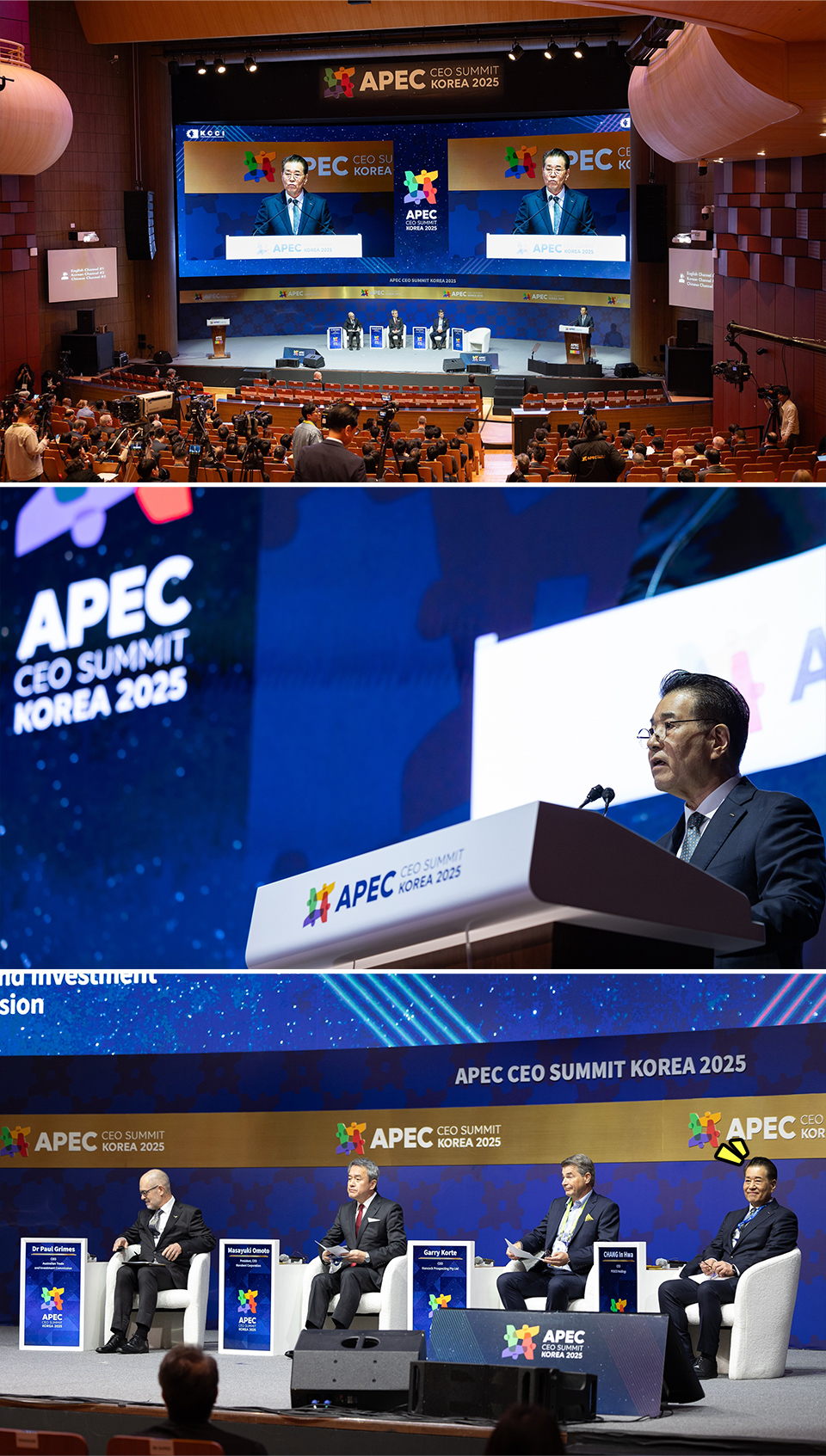 APEC CEO 서밋 둘째날 ‘미래를 잇다: 공동번영을 위한 포스코의 공급망 파트너십’을 주제로 기조연설을 진행하는 장인회 회장님의 사진과 특별대담에 참가한 호주 핸콕 CEO 게리 코르테, 일본 마루베니 CEO 오모토 마사유키, 장인회 회장의 사진 