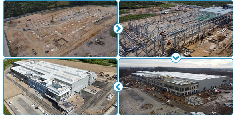 포스코인터내셔널 구동모터코어 폴란드 공장 준공 과정을 보여주는 네장의 사진. 상단 왼쪽>오른쪽>아래>왼쪽 순서