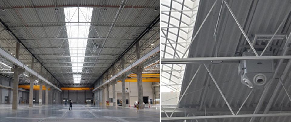 포스코인터내셔널 구동모터코어 폴란드 공장의 지붕 채광창 사진과 열 회수 환기시스템 사진