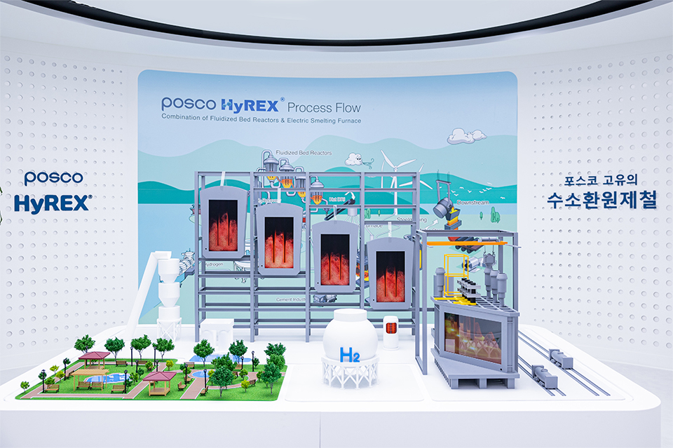 포스코 수소환원제철 기술 HyREX 공정의 특징을 시각적으로 형상화한 모형. 4기의 유동환원로 설비와 전기용융로 설비를 나타낸다.