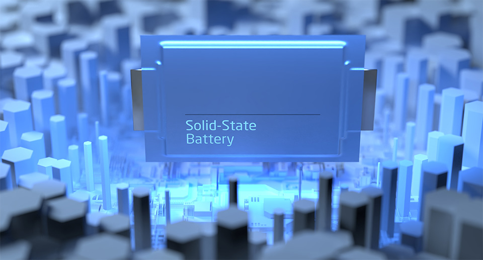 반도체 배경에 전고체배터리를가 빛나고 있는 이미지