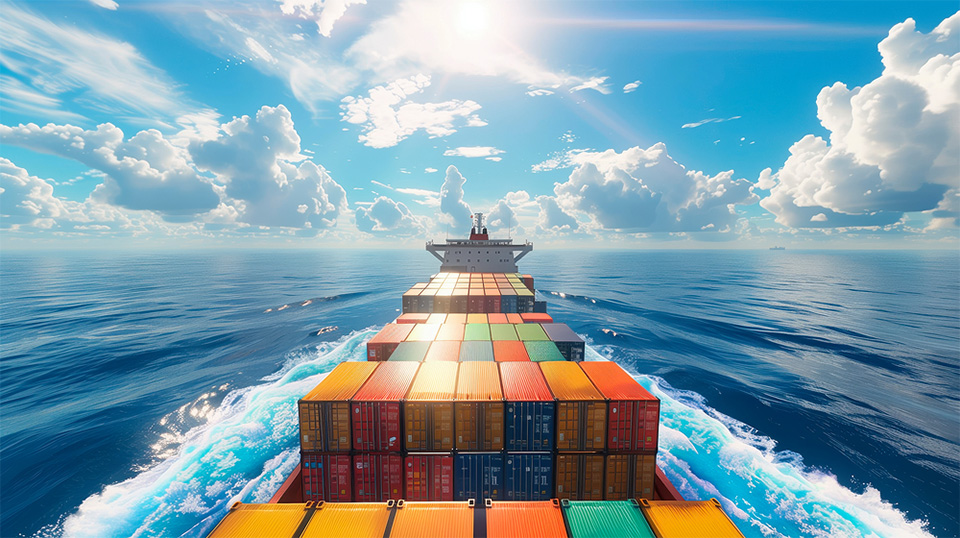 파란 바다를 가르며 운행하고 있는 화물선박의 이미지