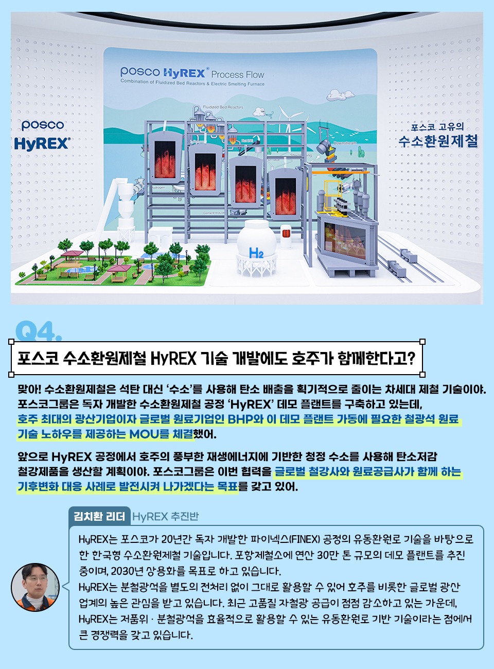 Q4. 포스코 수소환원제철 HyREX 기술 개발에도 호주가 함께한다고? 맞아! 수소환원제철은 석탄 대신 ‘수소’를 사용해 탄소 배출을 획기적으로 줄이는 차세대 제철 기술이야. 포스코그룹은 독자 개발한 수소환원제철 공정 ‘HyREX’ 데모 플랜트를 구축하고 있는데, 호주 최대의 광산기업이자 글로벌 원료기업인 BHP와 이 데모 플랜트 가동에 필요한 철광석 원료 기술 노하우를 제공하는 MOU를 체결했어. 앞으로 HyREX 공정에서 호주의 풍부한 재생에너지에 기반한 청정 수소를 사용해 탄소저감 철강제품을 생산할 계획이야. 포스코그룹은 이번 협력을 글로벌 철강사와 원료공급사가 함께 하는 기후변화 대응 사례로 발전시켜 나가겠다는 목표를 갖고 있어. HyREX 추진반 김치환 리더 : HyREX는 포스코가 20년간 독자 개발한 파이넥스(FINEX) 공정의 유동환원로 기술을 바탕으로 한 한국형 수소환원제철 기술입니다. 포항제철소에 연산 30만 톤 규모의 데모 플랜트를 추진 중이며, 2030년 상용화를 목표로 하고 있습니다. HyREX는 분철광석을 별도의 전처리 없이 그대로 활용할 수 있어 호주를 비롯한 글로벌 광산업계의 높은 관심을 받고 있습니다. 최근 고품질 자철광 공급이 점점 감소하고 있는 가운데, HyREX는 저품위·분철광석을 효율적으로 활용할 수 있는 유동환원로 기반 기술이라는 점에서 큰 경쟁력을 갖고 있습니다.