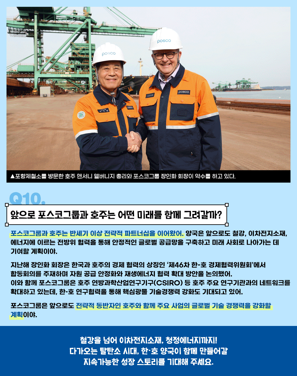 Q10. 앞으로 포스코그룹과 호주는 어떤 미래를 함께 그려갈까? 포스코그룹과 호주는 반세기 이상 전략적 파트너십을 이어왔어. 양국은 앞으로도 철강, 이차전지소재, 에너지에 이르는 전방위 협력을 통해 안정적인 글로벌 공급망을 구축하고 미래 사회로 나아가는 데 기여할 계획이야. 지난해 장인화 회장은 한국과 호주의 경제 협력의 상징인 ‘제46차 한-호 경제협력위원회’에서 합동회의를 주재하며 자원 공급 안정화와 재생에너지 협력 확대 방안을 논의했어. 이와 함께 포스코그룹은 호주 연방과학산업연구기구(CSIRO) 등 호주 주요 연구기관과의 네트워크를 확대하고 있는데, 한-호 연구협력을 통해 핵심광물 기술경쟁력 강화도 기대되고 있어. 포스코그룹은 앞으로도 전략적 동반자인 호주와 함께 주요 사업의 글로벌 기술 경쟁력을 강화할 계획이야. 철강을 넘어 이차전지소재, 청정에너지까지! 다가오는 탈탄소 시대, 청정에너지까지! 다가오는 탈탄소 시대, 한호 양국이 함께 만들어갈 지속가능한 성장스토리를 기대해주세요!
