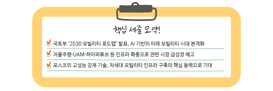 핵심 세줄 요약! 국토부 '2030 모빌리티 로드맵' 발표, AI 기반의 미래 모빌리티 시대 본격화 / 자율주행·UAM·하이퍼튜브 등 인프라 확충으로 관련 시장 급성장 예고 / 포스코의 고성능 강재 기술, 차세대 모빌리티 인프라 구축의 핵심 동력으로 기대