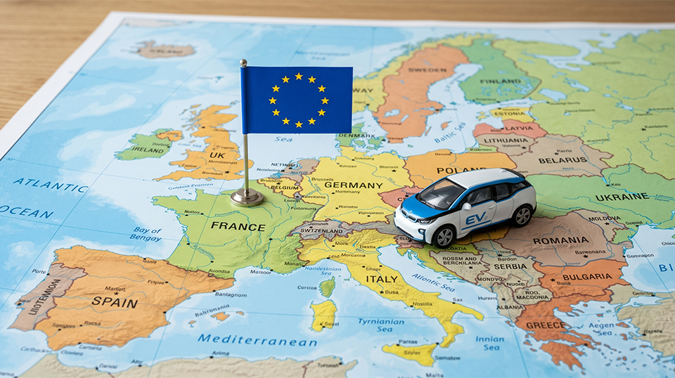 유럽지도위의 작은 EU 깃발과 장난감 EV 자동차