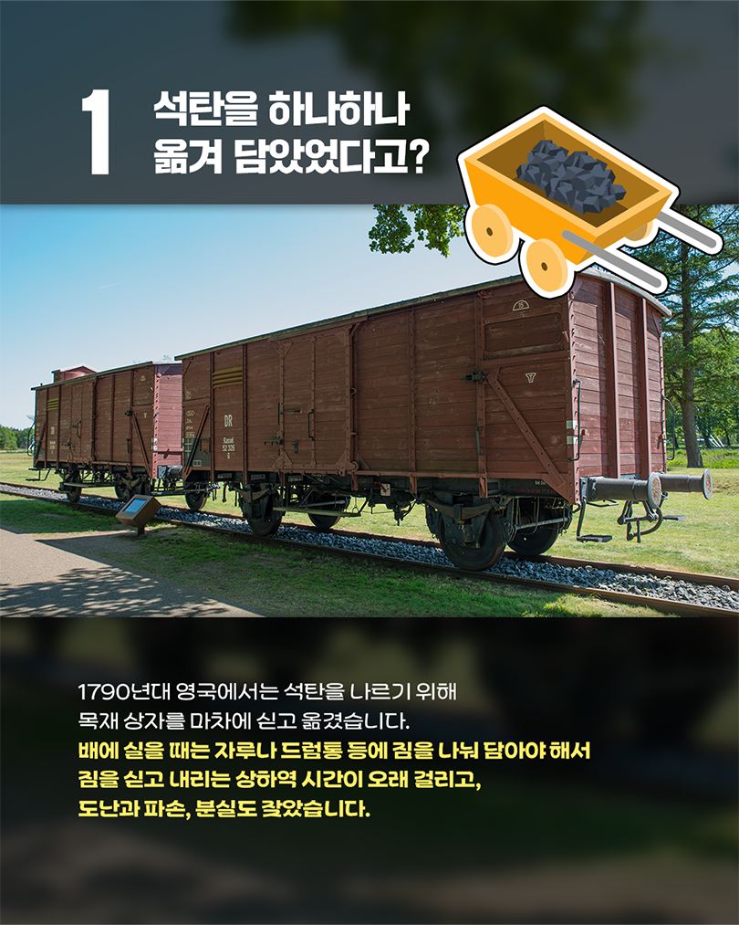 1. 석탄을 하나하나 옮겨 담았다고? 1790년대 영국에서는 석탄을 나르기 위해 목재 상자를 마차에 싣고 옮겼습니다. 배에 실을 때는 자루나 드럼통 등에 짐을 나눠 담아야 해서 짐을 싣고 내리는 상하역 시간이 오래 걸리고, 도난과 파손, 분실도 잦았습니다. (이미지 설명: 석탄이 담긴 손수레 일러스트와 철로 위에 정차된 오래된 화물 열차 사진)"