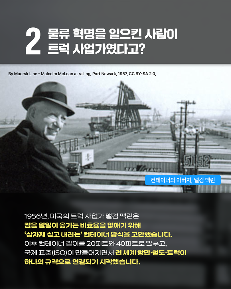 2. 물류 혁명을 일으킨 사람이 트럭 사업가였다고? 1956년, 미국의 트럭 사업가 맬컴 맥린은 짐을 일일이 옮기는 비효율을 없애기 위해 ‘상자째 싣고 내리는’ 컨테이너 방식을 고안했습니다. 이후 컨테이너 길이를 20피트와 40피트로 맞추고, 국제 표준(ISO)이 만들어지면서 전 세계 항만·철도·트럭이 하나의 규격으로 연결되기 시작했습니다. (이미지 설명: 1957년 뉴어크 항구에서 맬컴 맥린이 컨테이너가 쌓인 항만을 배경으로 서 있는 흑백 사진. 사진 하단에는 '컨테이너의 아버지, 맬컴 맥린'이라는 설명이 적혀 있음)
