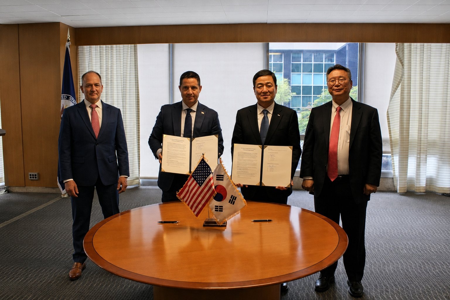 5월 21일(현지시간) 워싱턴 D.C.에서 美 리엘리먼트(ReElement Technologies Corporation)와 미국 희토류 분리정제 생산 합작법인 설립 추진을 위한 협약 체결식 모습이다. 관계자들이 증서를 들고 작은 미국,한국 국기 앞에서 기념촬영을 하고 있다. 