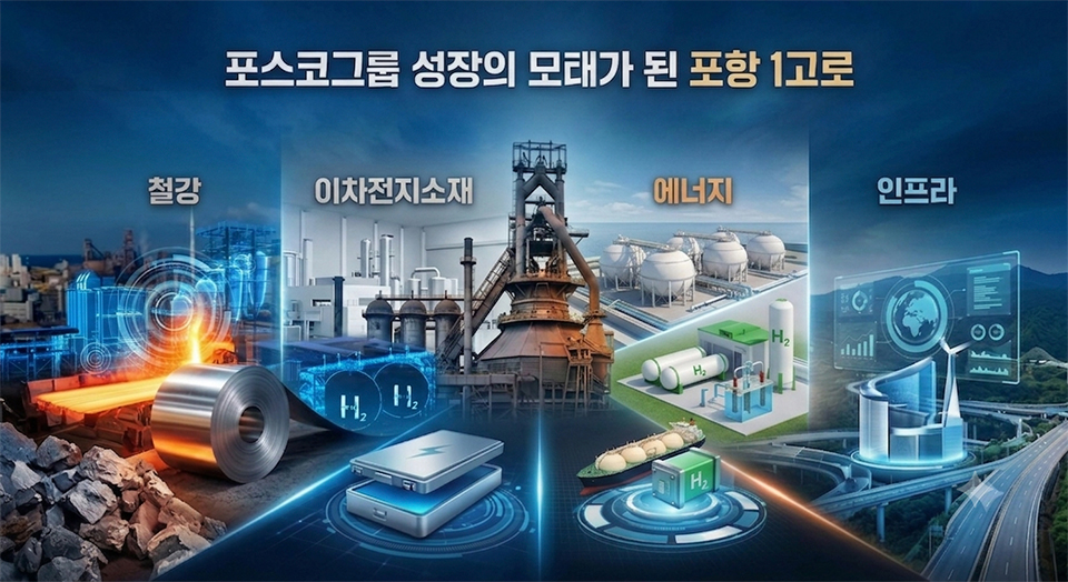 포스코그룹 성장의 모태가 된 1고로가 철강, 이차전지소재, 에너지, 인프라로 가는 길을 열었다는 의미를 담은 AI 제작이미지