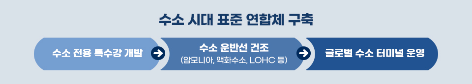수소 시대 표준 연합체 구축 형태를 그린 간단한 표. 수소 전용 특수강 개발 수소 운반선 건조 (암모니아, 액화수소, LOHC 등) 글로벌 수소 터미널 운영