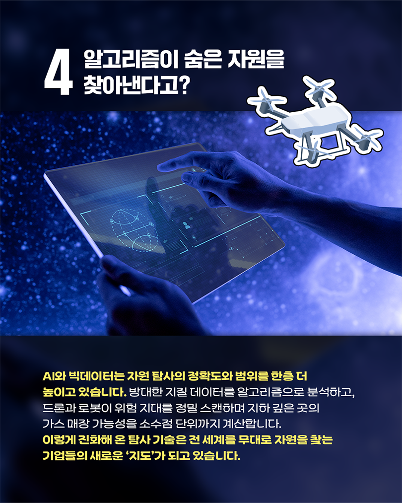 4 알고리즘이 숨은 자원을 찾아낸다고? (우측 상단 일러스트 설명: 프로펠러가 4개 달린 흰색 쿼드콥터 드론 일러스트가 있습니다. 중앙 이미지 설명: 신비로운 푸른빛의 우주 공간 혹은 디지털 네트워크를 배경으로, 한 사람이 양손으로 투명한 미래형 태블릿 디스플레이를 들고 검지손가락으로 화면을 터치하고 있습니다. 투명한 화면 위에는 지구본 모양의 그리드, 데이터 분석 그래프, 사용자 프로필 아이콘 등 첨단 기술 인터페이스가 푸른 빛으로 시각화되어 있습니다.) AI와 빅데이터는 자원 탐사의 정확도와 범위를 한층 더 높이고 있습니다. 방대한 지질 데이터를 알고리즘으로 분석하고, 드론과 로봇이 위험 지대를 정밀 스캔하며 지하 깊은 곳의 가스 매장 가능성을 소수점 단위까지 계산합니다. 이렇게 진화해 온 탐사 기술은 전 세계를 무대로 자원을 찾는 기업들의 새로운 ‘지도’가 되고 있습니다.